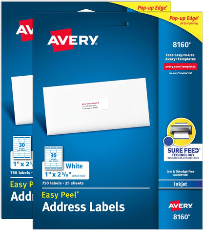 Avery Easy Peel Printable Address Labels with Sure Feed, 1" x 2-5/8" Customizable Stickers, White, 1,500 Blank Mailing Labels, Great for Mailing, Shipping, and More (2-Pack of 08160)