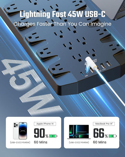 SUPERDANNY Power Strip Surge Protector with 15ft Extension Cord - 22 Outlets, 6 USB Ports, 45W Fast Charging - 1875W/15A, 2100J, 45°Plug, Mountable - Ideal for Home, Office, Gaming, PC, Streaming