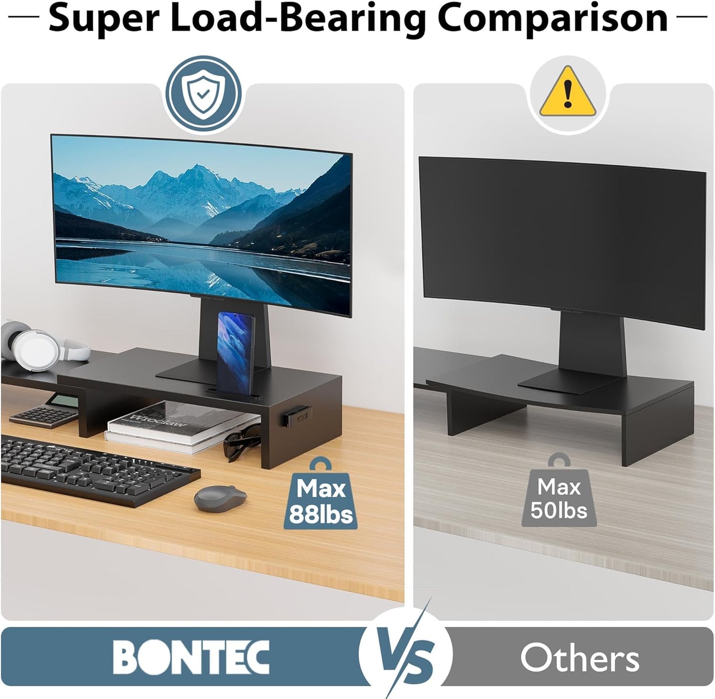 BONTEC Dual Monitor Stand Riser with Smartphone Holder, Adjustable Length & Swivel Angle, Ergonomic Wooden Desktop Organizer for PC Monitor, Laptop, Printer, Large Storage, Black