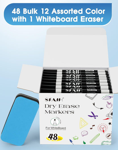 SFAIH Dry Erase Markers Chisel Tip with Magnetic Whiteboard Eraser, 48 Bulk Pack Black White Board Markers for Teachers & Students, Versatile Lines, 1s Quickly Dry, Perfect for Classroom and Office