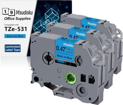 12mm 0.47 Black on Blue Laminated Tape Compatible for Brother P Touch Label Maker Tape TZe-531 TZe531 Tze Tz Tape for PT D200 D210 D220 D400 Cube, 1/2 Inch x 26.2 Feet, 3-Pack