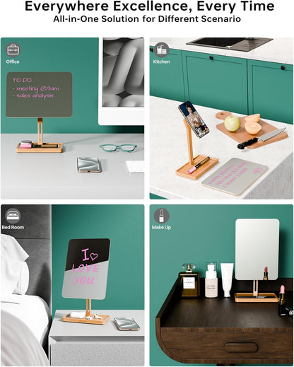 YEOUX Premium Desktop Glass Mirror, Dry Erase Board & Magnetic Phone Stand 3-in-1 | 360° Adjustable | Solid Wood | MagSafe Compatible, Small Whiteboard for Office Home Desk