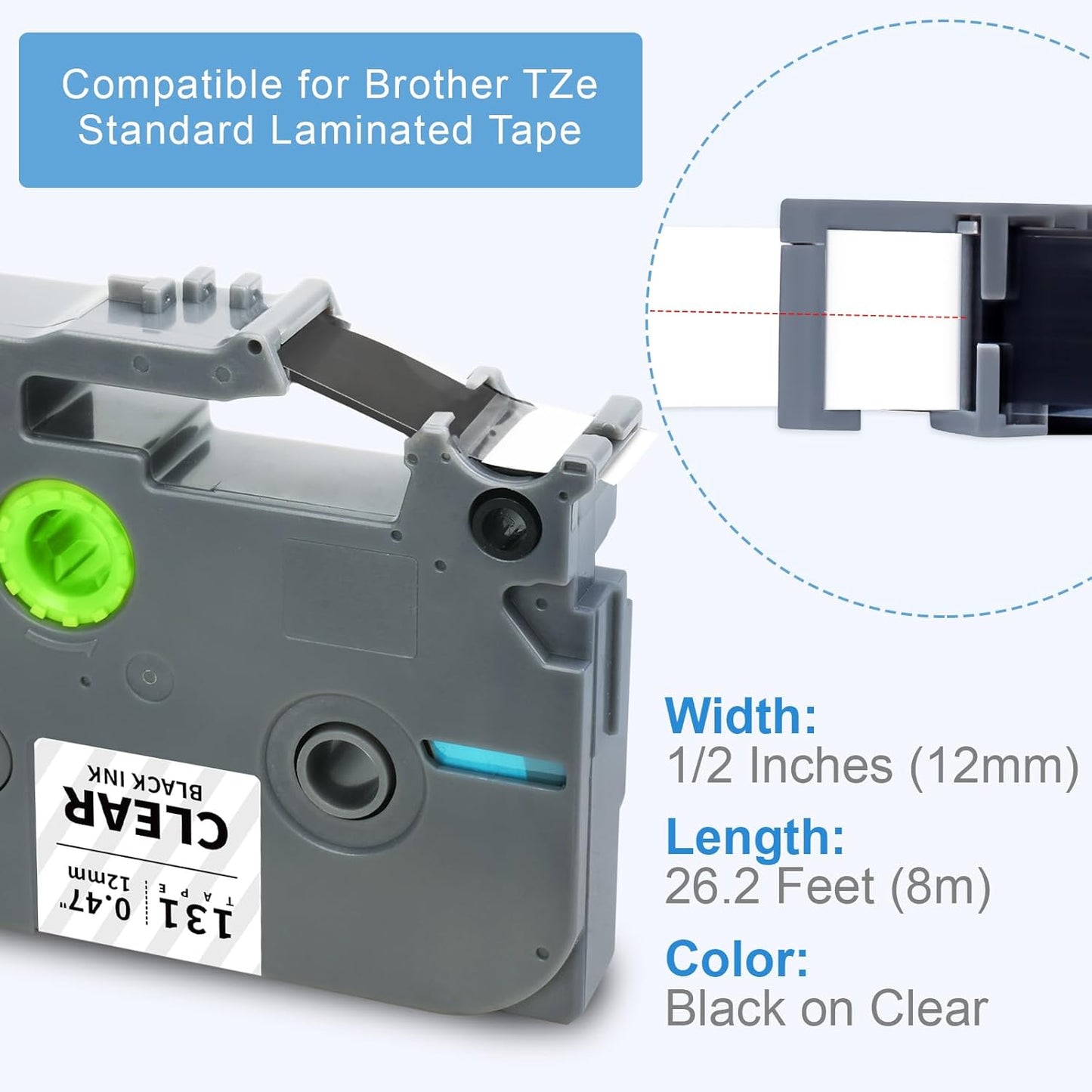 Absonic 6-Pack 12mm 0.47 Laminated Clear Tape Compatible for Brother TZe-131 TZe131 Label Tape 1/2 Tze Label Tape for Brother Ptouch PT-D210 PT-D220 PT-H111 PT-H100 PT-D400 Label Maker, Black on Clear