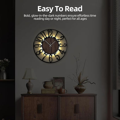 20 Inch Large Metal Wall Clock with Voice and Light Sensor Night Light, Glow in The Dark Non-Ticking Silent Battery Operated Decorative Oversized Wall Clock for Bedroom Living Room Decor