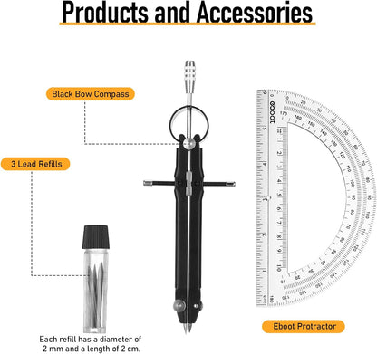 EBOOT Student Geometry Math Set, Drawing Compass and 6 Inch Clear Swing Arm Protractors 180 Degree Math Protractor (Black)
