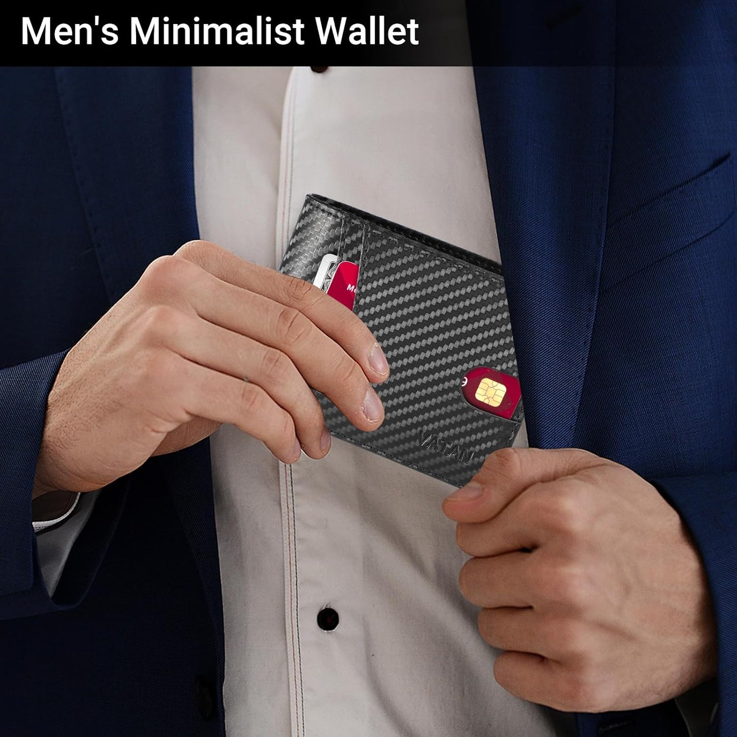 VATAN Wallet for Men, Mens Minimalist Wallet Credit Card Holder, Slim Leather Rfid 2 ID Window Large Capacity With Gift Box (Carbon Fiber Black)