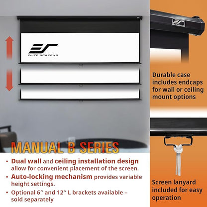 Elite Screens Manual B, 120-INCH 4:3, Manual Pull Down Projector Screen 4K / 8K Ultra HDR 3D Ready with Slow Retract Mechanism, 2-YEAR WARRANTY, M120V