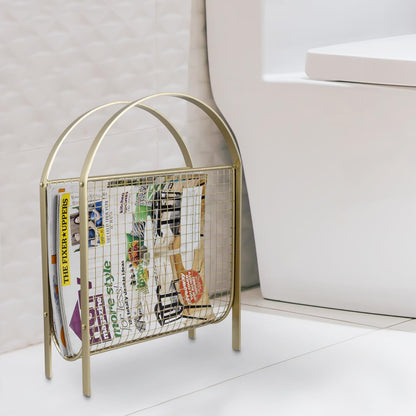 MyGift Mid-Century Design Magazine Rack, Matte Black Tone Metal Mesh Freestanding Magazine Organizer Holder Sling (Brass)