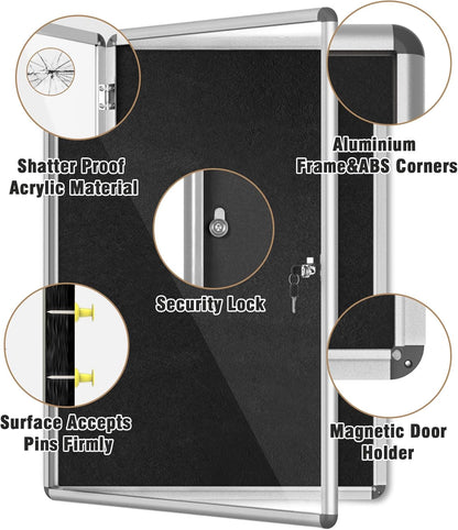 38"x28" Enclosed Bulletin Board, Lockable Weather-Resistant Aluminum Cork Noticeboard for School & Office, Silver Frame w/Black Flet