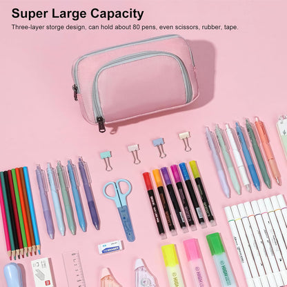 XQXA Pencil Pouch Cute Large Pencil Case Organizer, Multifunctional Big Capacity Pencil Pouch with 3 Compartmens, aesthetic school supplies Pencil Bag for Office Travel Men Women (01-Cherry Pink)