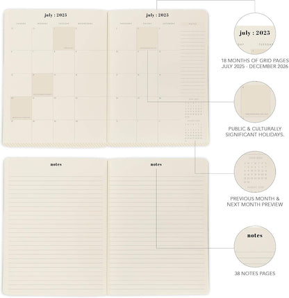 18 Month Planner/Calendar by Graphique, July 2025 – Dec. 2026 Green Floral Monthly Planner, Holidays, Notes Pages, 8” x 10”