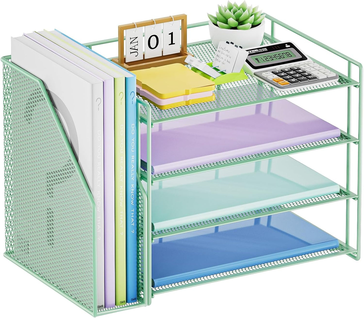 Marbrasse Desk Organizer and Accessories，4-Tier Paper Letter Tray Organizer with File Holder，Desk Accessories & Workspace Desktop Organizers for School Home Office Supplies (Green)