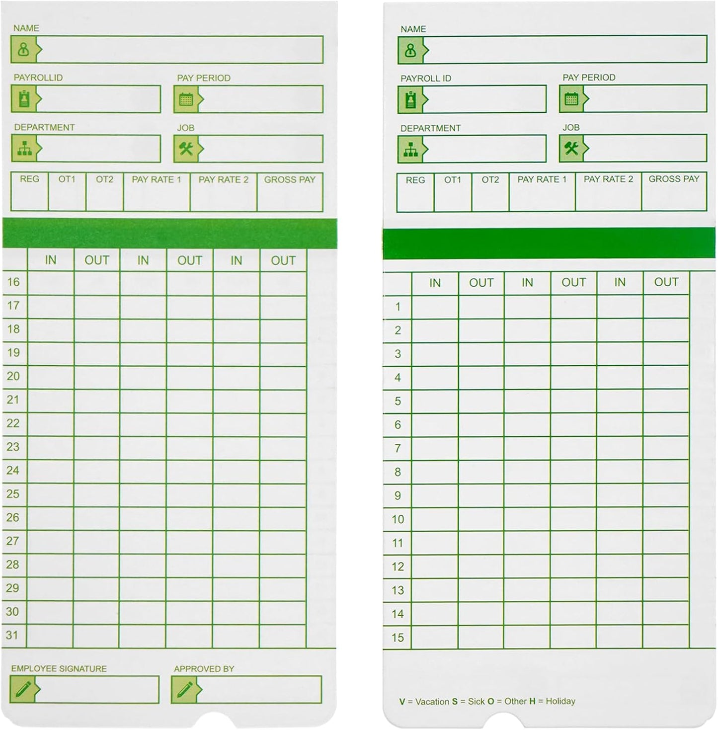 Zzrywuty All Pay Periods, 300 Count Time Cards for Hn3000, 2-Sided, 3 3/8" x 7 3/8", Green