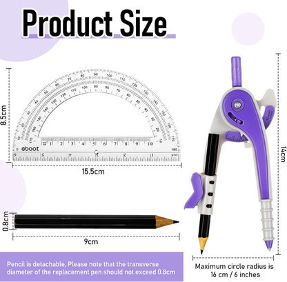 EBOOT Student Geometry Math Set, Drawing Compass and 6 Inch Clear Swing Arm Protractors 180 Degree Math Protractor (Purple)