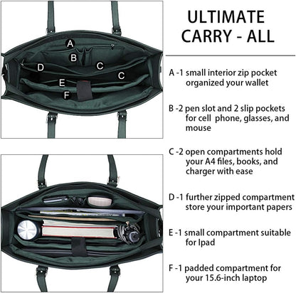 Laptop Bag for Women Waterproof Lightweight Leather 15.6 Inch Computer Tote Bag Business Office Briefcase Large Capacity Handbag Shoulder Bag Professional Office Work Bag Deepgreen