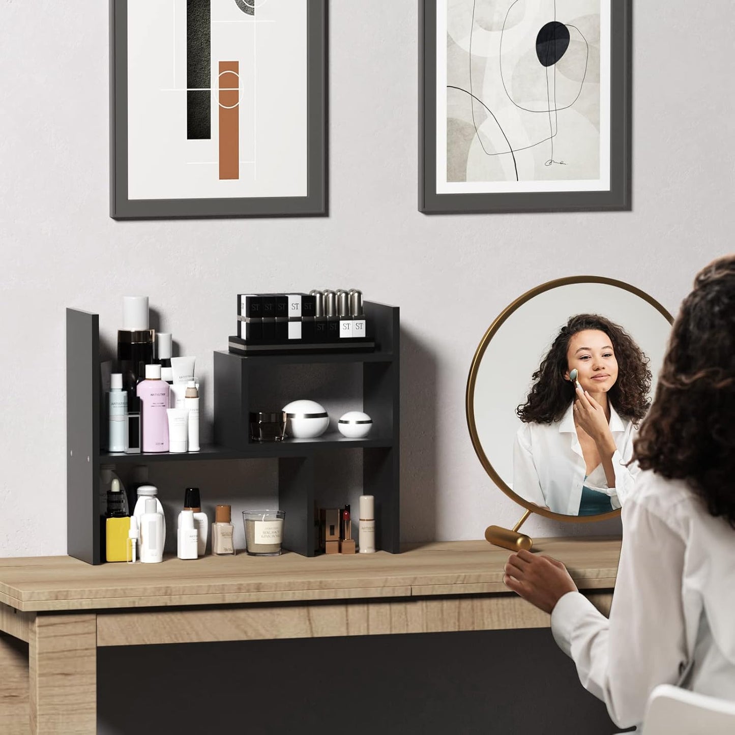 TY ARTS & CULTURE - Expandable Wood Desktop Storage Organizer Multipurpose Desk Bookshelf Case Display Shelf Rack Counter Top Bookcase for Office Home | Black