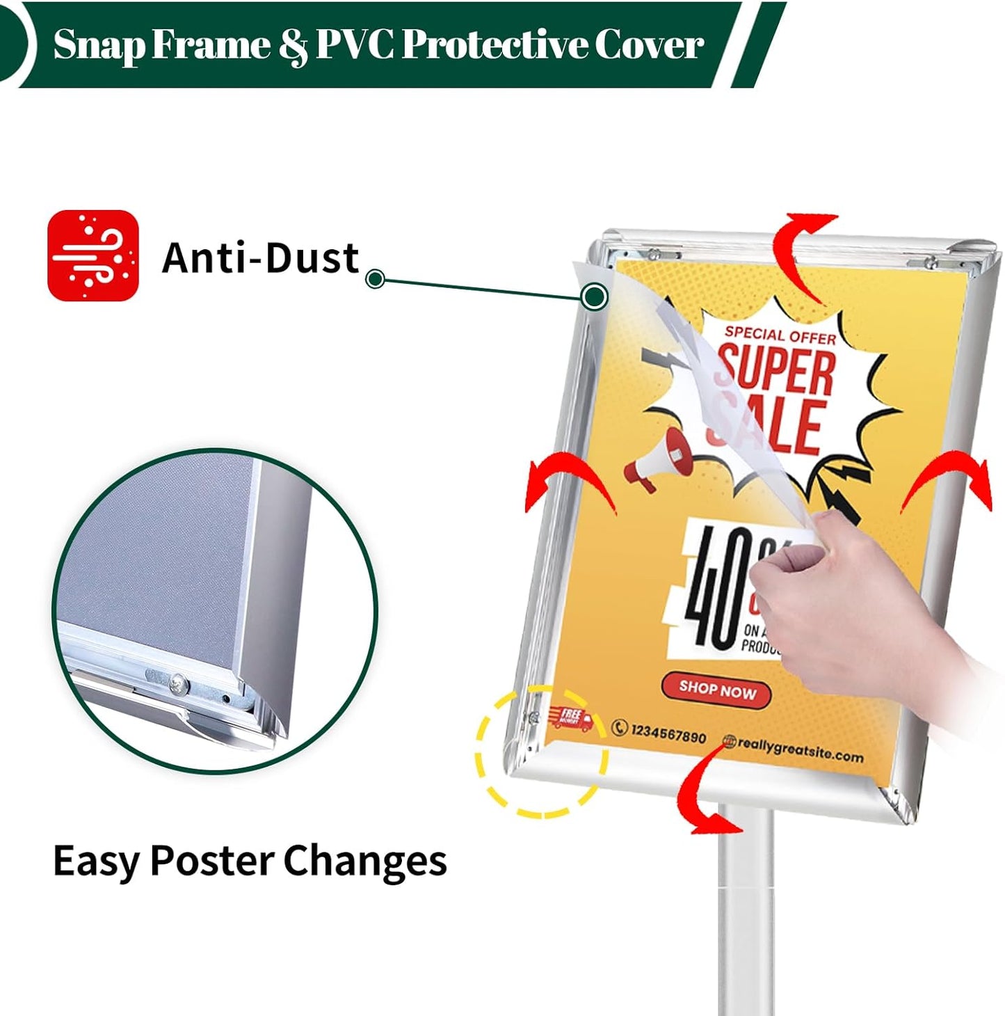 Heavy Duty Pedestal Sign Holder for Display, 8.5 x 11 inches Adjustable Floor Standing Sign Holder with Weighted Base , Vertical and Horizontal View Sign Stand for Indoor/Outdoor Advertising，Silver