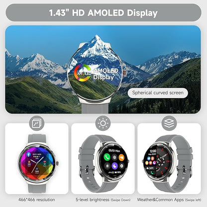 Smart Watch for Men Women, 1.43" AMOLED IP68 Waterproof Smartwatch, Fitness Tracker with Heart Rate/SpO2/Sleep Monitor, 150+ Sports Mode, Bluetooth Call Android & iOS Compatible, 2 Bands