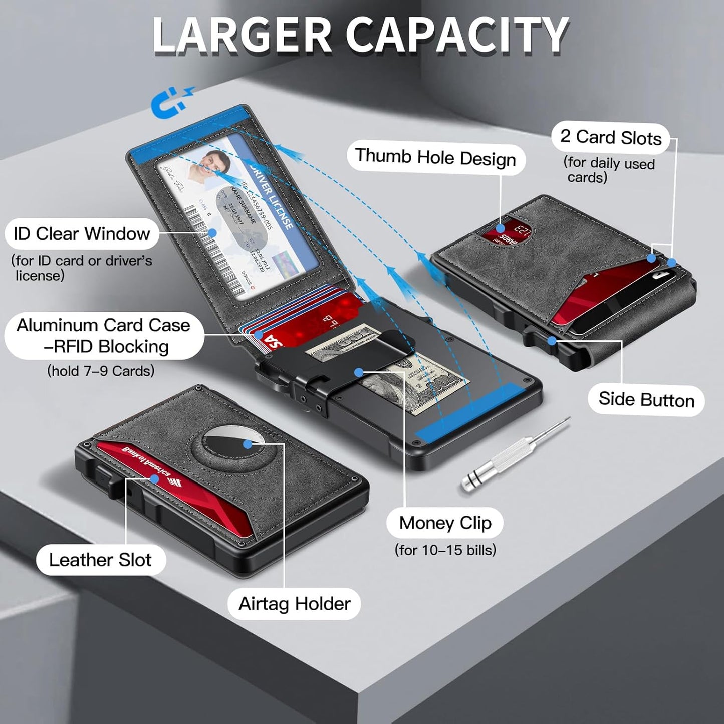 Airtag Wallet for Men, Mens Smart Wallet for Air Tag RFID Blocking, Minimalist Bifold Pop Up Aluminum Credit Card Case Holder 12+ Cards with ID Window, Gift for Men, No Airtag Included, Gray