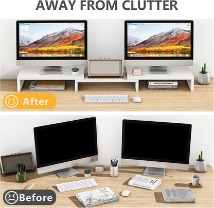 TAVR Furniture Dual Monitor Stand Riser, Computer Monitor Stands for 2 Monitors, Extra Long Multifunctional Desktop Organizer Riser for Computer, Laptop, PC, Printer, TV, Max 43.3" Length, White