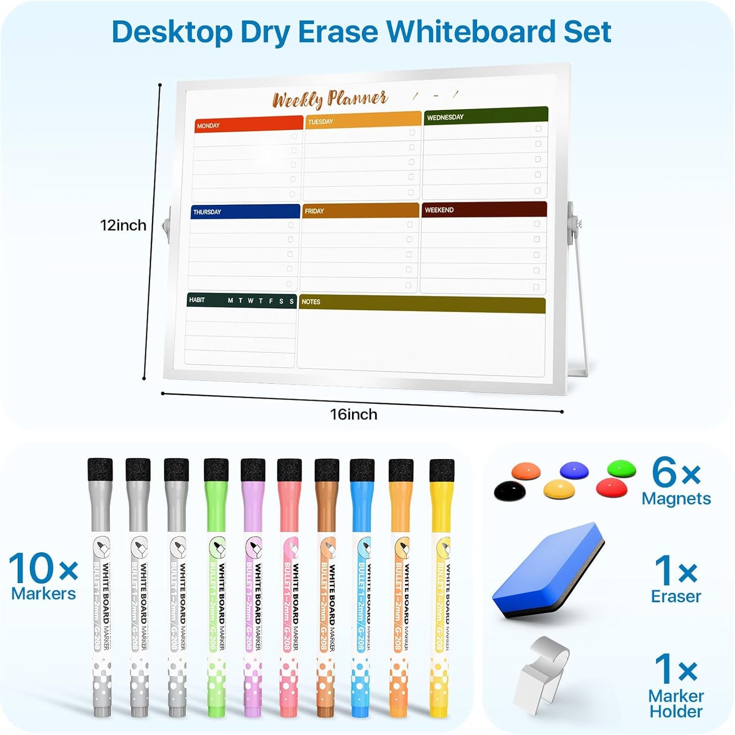 Dry Erase White Board with Stand,Double-Sided Weekly Whiteboard 12"x16", 10 Markers, 6 Magnets, 1 Eraser, Portable Desktop Whiteboard for Planning,Weekly Schedule Board for School for Home