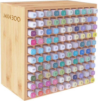 MinBoo Art Marker Storage Organizer for 100 Markers, Bamboo Art Supply Rack, Pens Color Pencils Paint Brushes Stationary Organizer Holder for Home Classroom Office Desk Decor