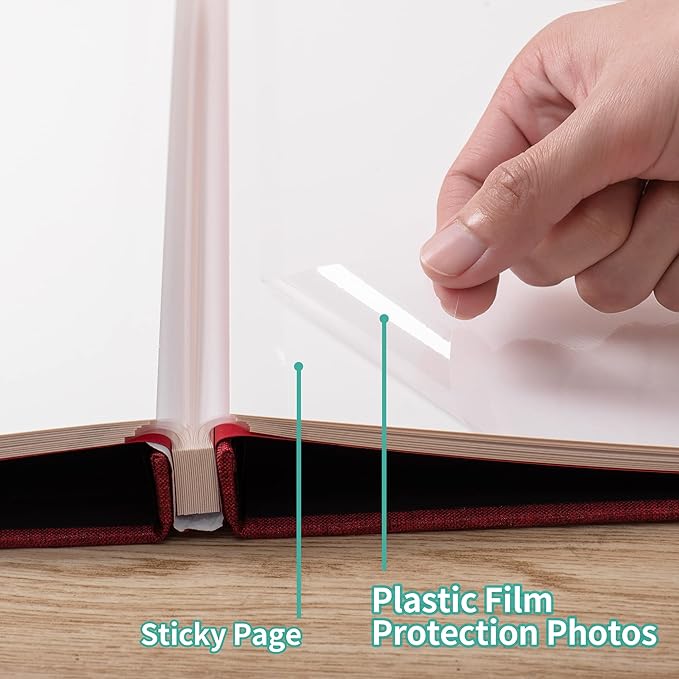 Photo Album Self Adhesive 3x5 4x6 5x7 6x8 8x10 8.5x11, 11x10.6 Magnetic Scrapbook Album DIY Length 11x10.6 Inch 40 Pages Linen Cover DIY Photo Album with A Metallic Pen and and Plastic Board(Red)