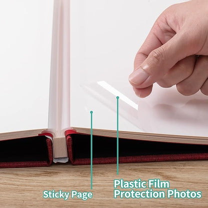 Photo Album Self Adhesive 3x5 4x6 5x7 6x8 8x10 8.5x11, 11x10.6 Magnetic Scrapbook Album DIY Length 11x10.6 Inch 40 Pages Linen Cover DIY Photo Album with A Metallic Pen and and Plastic Board(Red)