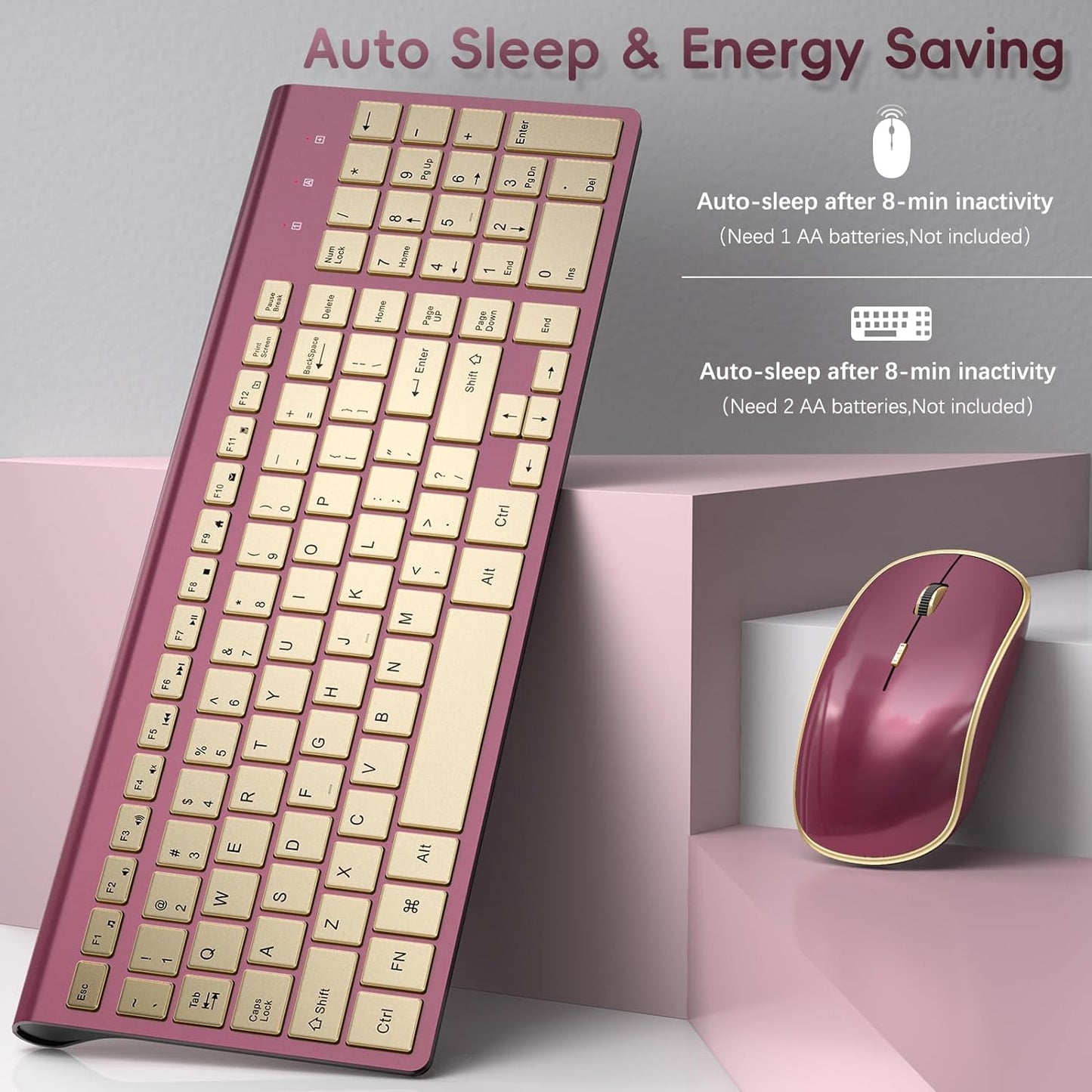 JOYACCESS Wireless Keyboard and Mouse, 2.4g Slim and Ergonomic Wireless Keyboard Mouse Combo- Full Size and Portable Design for Laptop/Windows/Computer-Wine Red Gold