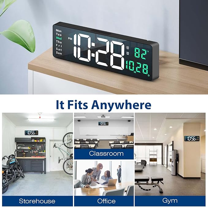 Digital Wall Clock Large Display, 16" with Remote Control for Living Room Gym Shop Warehouse Office Garage Decor, Auto Brightness Dimmer Reloj De Pared with Date Week Temp (Green)