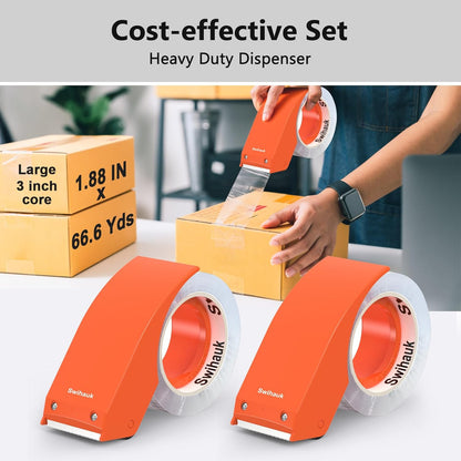 Swihauk 1.88 in x 66.6 YDs Heavy Duty Packing Tape with Dispenser, Strong & Durable Shipping Tape, Packaging Tape, Clear Package Tape for Shipping Moving Storage and Mailing, 2 Roll + 2 Dispenser