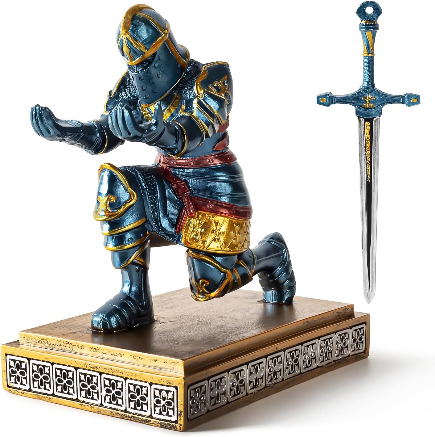 MACLARONX Kneeling Knight Pen Holder with Sword Medieval Warrior Fancy Pencil Stand for Office Desk Home Decor for Men Father Husband Armor Soldier Statue