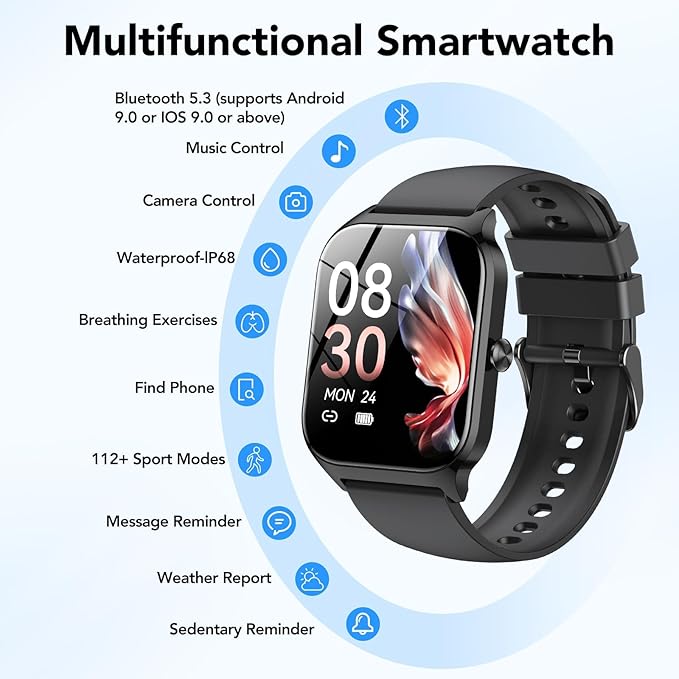 Smart Watch for Men Women, 1.85" HD Fitness Tracker with Bluetooth Calls/AI Voice Control, IP68 Waterproof, 115+Sports Modes, 24/7 Heart Rate/Sleep Fitness Watch Compatible with iOS/Android, Black