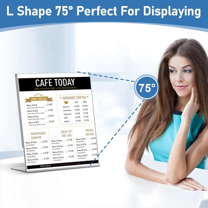 Acrylic Sign Holder 8.5x11 Inches, 10 Pack Clear Plastic Table Flyer Display Stand, L-Shape Vertical Menu Paper Holder Stand, Clear Picture Photo Flyer Display Stand for Restaurants, Store Fair,Office