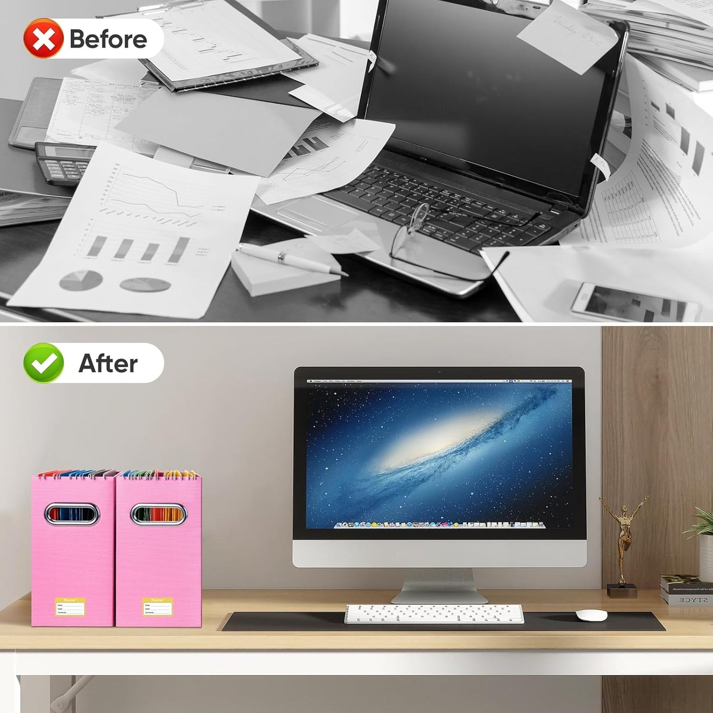 BALEINE File Organizer Box, Cardboard File Folder Organizer with Handle for Letter Size, Portable Collapsible Hanging Filing Box for Home Office Document Storage (4 Pack, Pink)