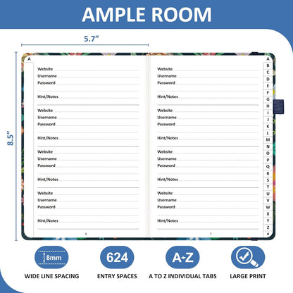 Password Book with Individual Alphabetical Tabs Laminated, Large Print Password Keeper Book for Seniors, A5 Hardcover Internet Password Log Book to Record Website Login Details - Bloom