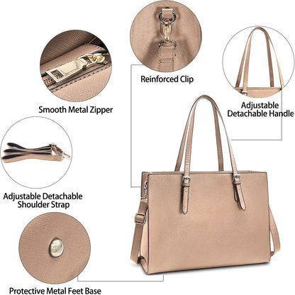 Laptop Bag for Women Waterproof Lightweight Leather 15.6 Inch Computer Tote Bag Business Office Briefcase Large Capacity Handbag Shoulder Bag Professional Office Work Bag Khaki