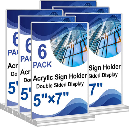 Acrylic Sign Holder 5x7,6 Pack Clear Plastic Table Display Vertical Double-Sided Desktop Display Stand Paper Holder Clear Table Sign Holder for Menu ad Frame Suitable Restaurants Meeting Office Store
