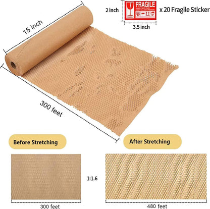 Honeycomb Packing Paper, 15"x300' Honeycomb Cushioning Bubble Wrap Paper Roll for Moving Shipping Breakables Packaging Gifts with 20 Fragile Sticker Biodegradable & Fully Recyclable Brown Kraft