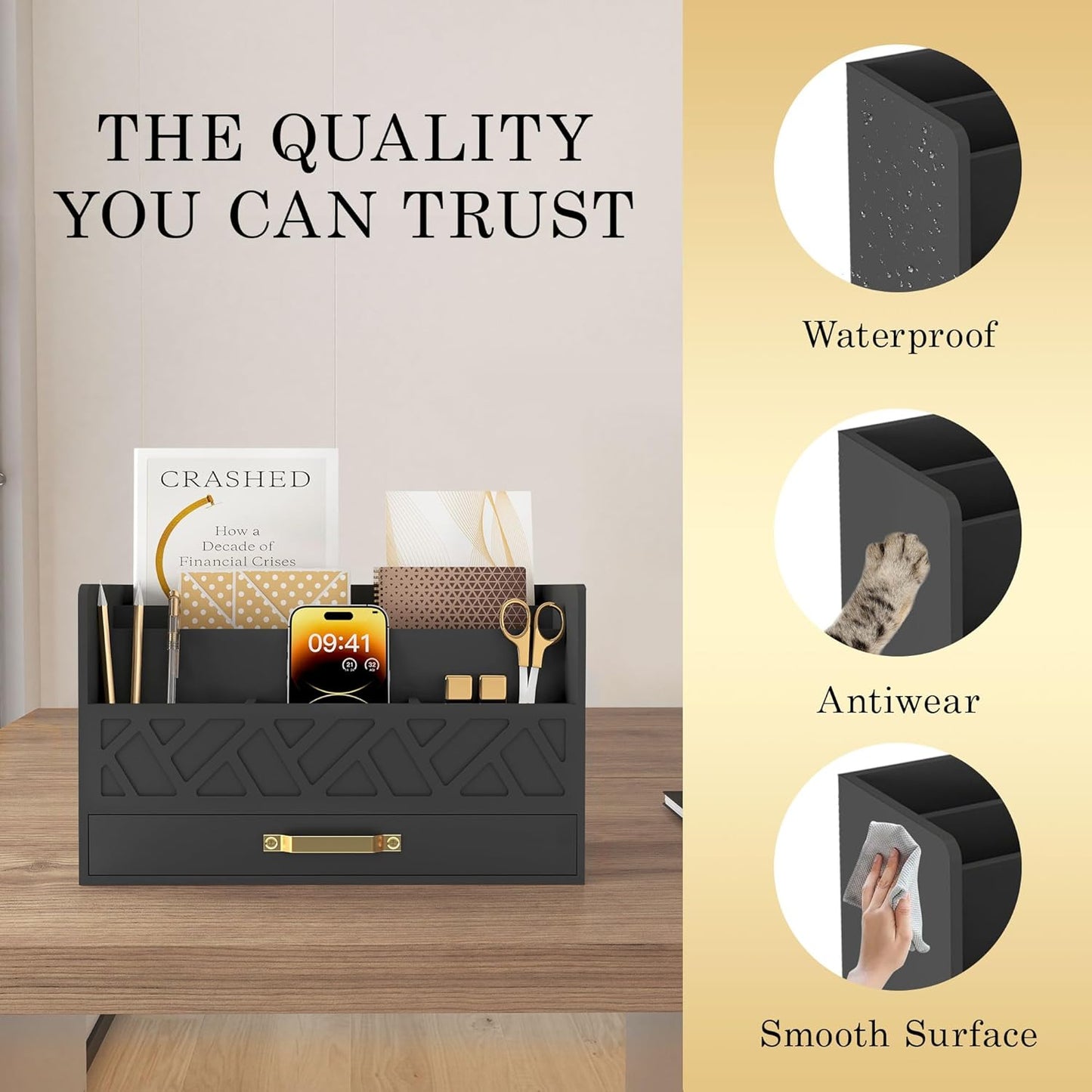 Bamboo Mail Organizer Countertop Wood Desk Organizer Drawer Tabletop Storage Box Letter Sorter Makeup Organizer for School Home Office Supplies Black