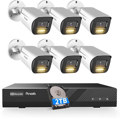 NVR Security Camera System 5MP, 6X 5MP Wired Security IP Bullet PoE Camera with Human Detection, 2 Way Audio, Smart Dual Light Full Color Night Vision, 4K 8CH NVR 2TB HDD, PB65A0608-5MD