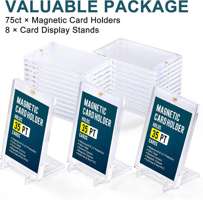 GEAoffice 75pc Magnetic Card Holder for Trading Cards, 35pt UV Protection One Card Holder Touch with Display Stands, Ultra Clear Baseball Card Holder for MTG, Sports, Standard Cards
