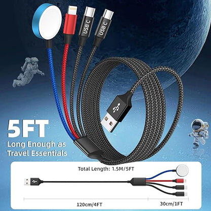 Dual Type-C 4 in 1 Charging Cable for Apple iWatch Charger, Travel Essentials Multi Charging Cable iPhone Charger Cord Compatible with iWatch Ultra/SE/10-1, iPhone17 16 15 14, Android-1Pc 5FT