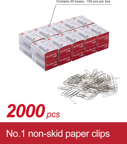 PAPERPAL Paperclips for Office School & Personal Use, #1 Nonskid Paper Clip (1-2/7"), 2000 Medium Paper Clips (20 Boxes of 100 Each), Silver
