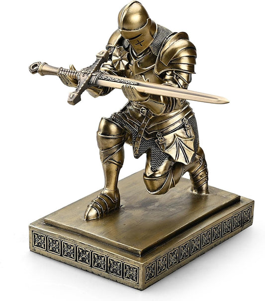 Medieval Armored Warrior Knight Pen Holder Desk Organizers and Accessories Resin Pencil Holder Paperweight as Gift with a Cool Letter Opener for Desk (Bronze)