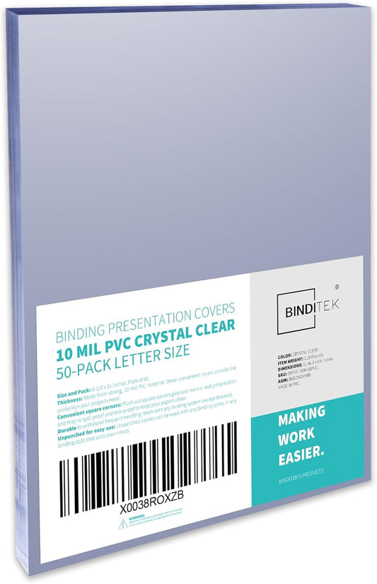 Binditek 50 Pack 10 Mil PVC Binding Presentation Covers, 8.5 x 11 Inches, Letter Size, Square Corners, Un-Punched, Office Supplies