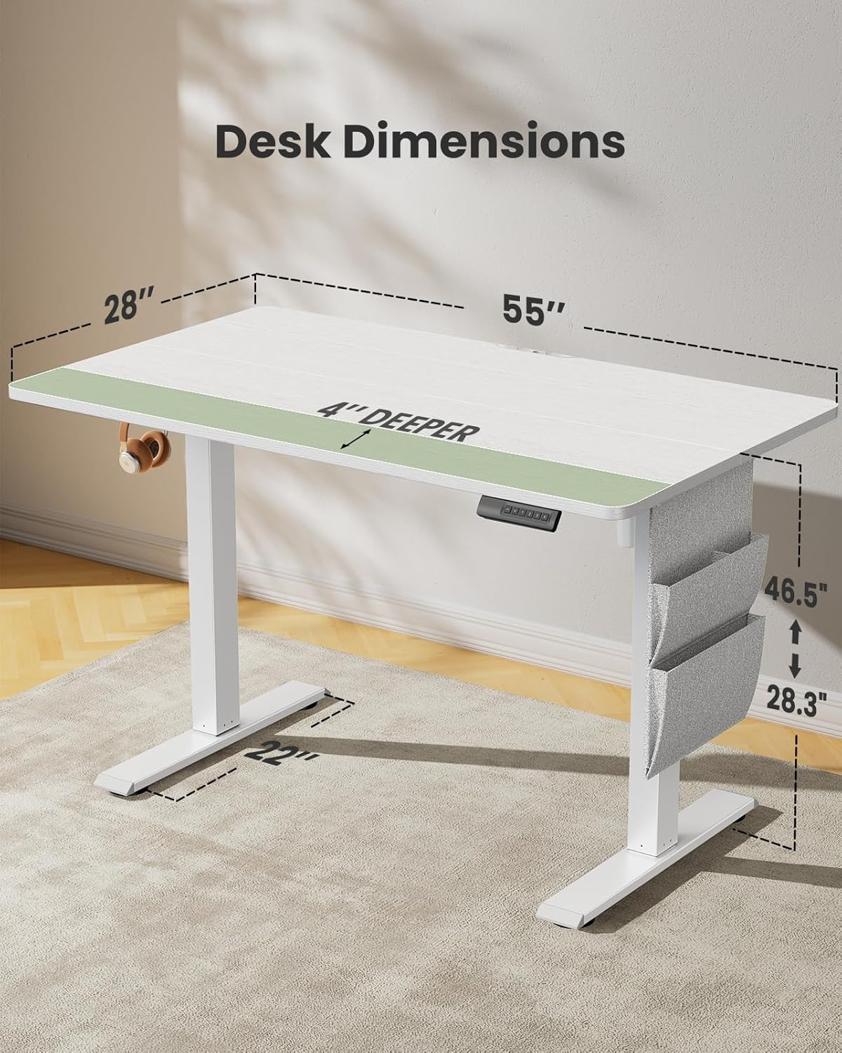 Marsail Standing Office Desk,Adjustable Heights,Stand Up Desk,55x28 Inches Desktop Sit Stand Home Office Gaming Computer Desk with 4 Memory Presets,Headphone Hook,Cable Organizer, White