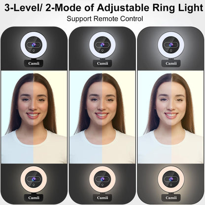 4K Webcam with Light, HD Webcam for PC with Remote Control, Built-in Privacy Cover, Adjustable Brightness, Noise Reduction Mics, for Zoom Skype Teams Laptop and Google Meet