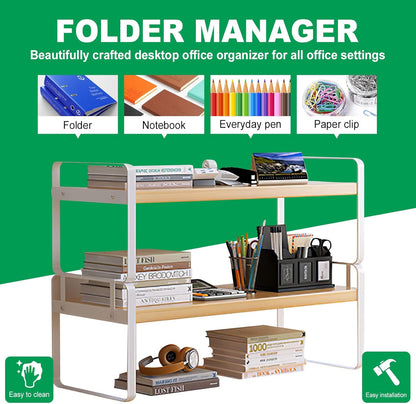 YGYQZ Wood Office Desk Shelf Organizer - Desktop Supplies Cute Dresser Top Organization Storage Rack and Cubicle Decor Aesthetic Bookshelf for Women Man and Kids (White-Two Tier)