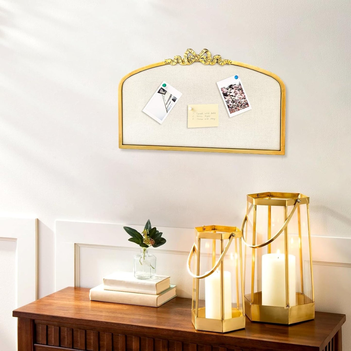 Vintage Arched Linen Cork Board with Gold Bowknot – Decorative Bulletin Board for Walls, Iron Frame Pin Board for Notes, Photos & Reminders, Elegant Vision Board for Home & Office 24"x 15"